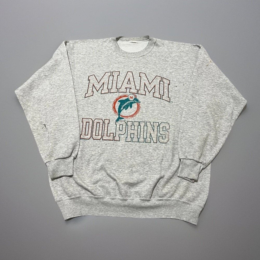 Vtg 90s Champion Mens Gray Miami Dolphins NFL Distressed Crewneck Sweatshirt XL